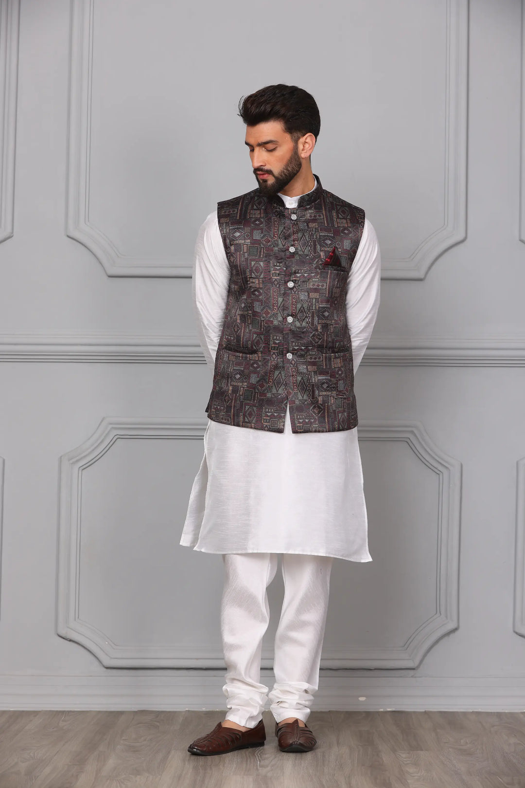 Multi Brown Color Modi Jacket & White Silk Kurta Churidar Set for Men