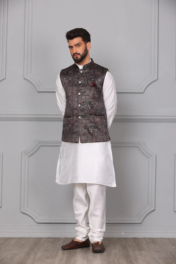 Multi Brown Color Modi Jacket & White Silk Kurta Churidar Set for Men