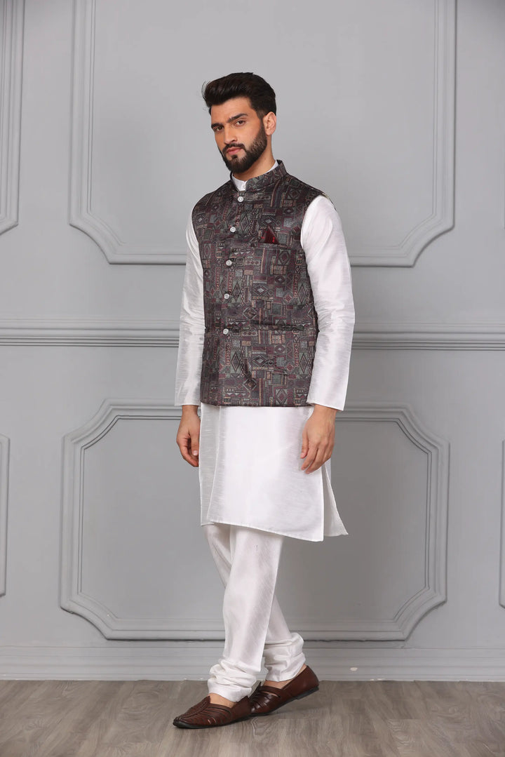 Multi Brown Color Modi Jacket & White Silk Kurta Churidar Set for Men