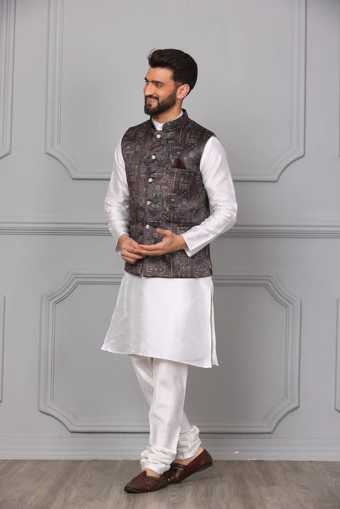 Multi Brown Color Modi Jacket & White Silk Kurta Churidar Set for Men