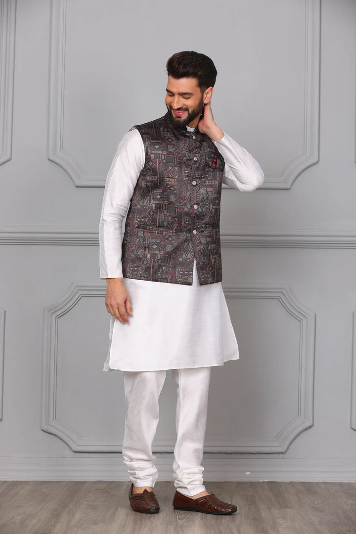 Multi Brown Color Modi Jacket & White Silk Kurta Churidar Set for Men