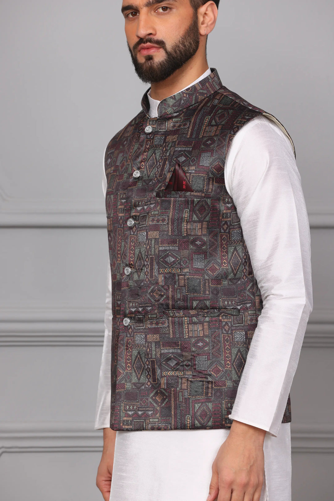 Multi Brown Color Modi Jacket & White Silk Kurta Churidar Set for Men