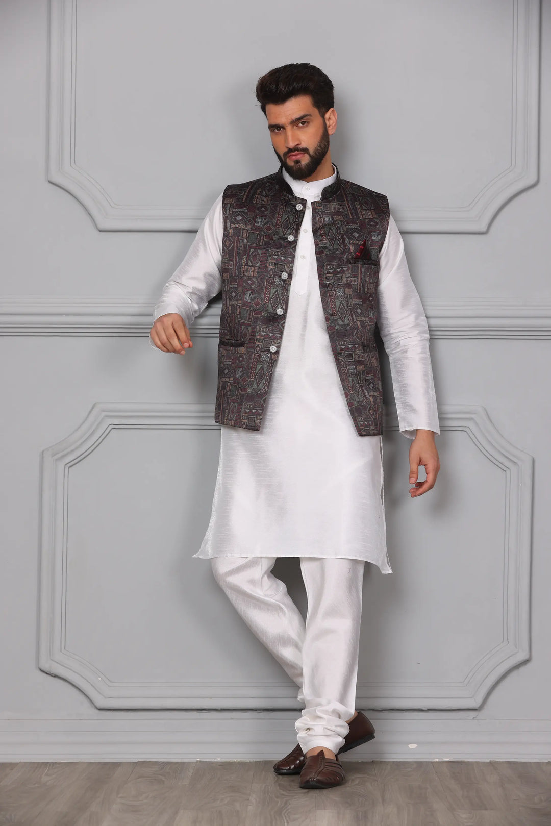 Multi Brown Color Modi Jacket & White Silk Kurta Churidar Set for Men