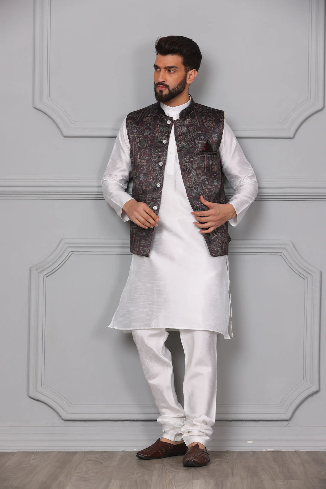 Multi Brown Color Modi Jacket & White Silk Kurta Churidar Set for Men