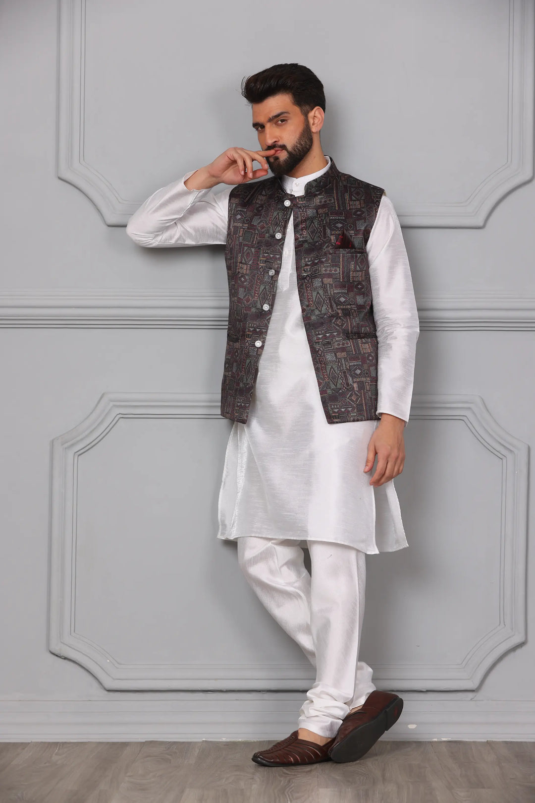 Multi Brown Color Modi Jacket & White Silk Kurta Churidar Set for Men