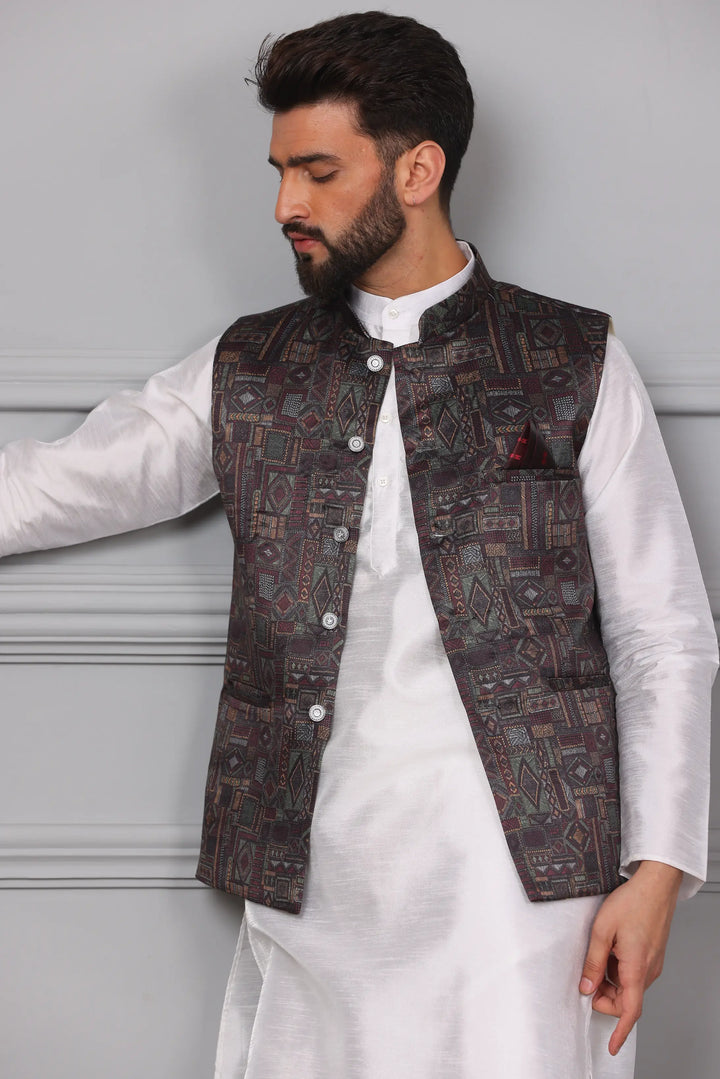 Multi Brown Color Modi Jacket & White Silk Kurta Churidar Set for Men