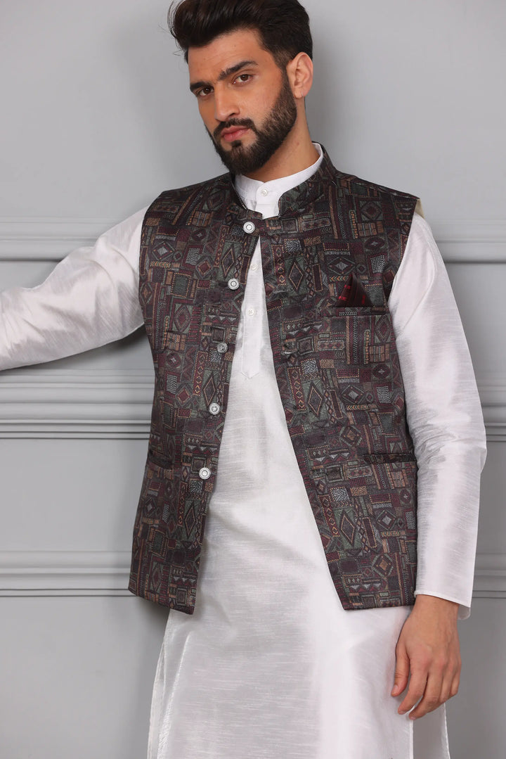 Multi Brown Color Modi Jacket & White Silk Kurta Churidar Set for Men