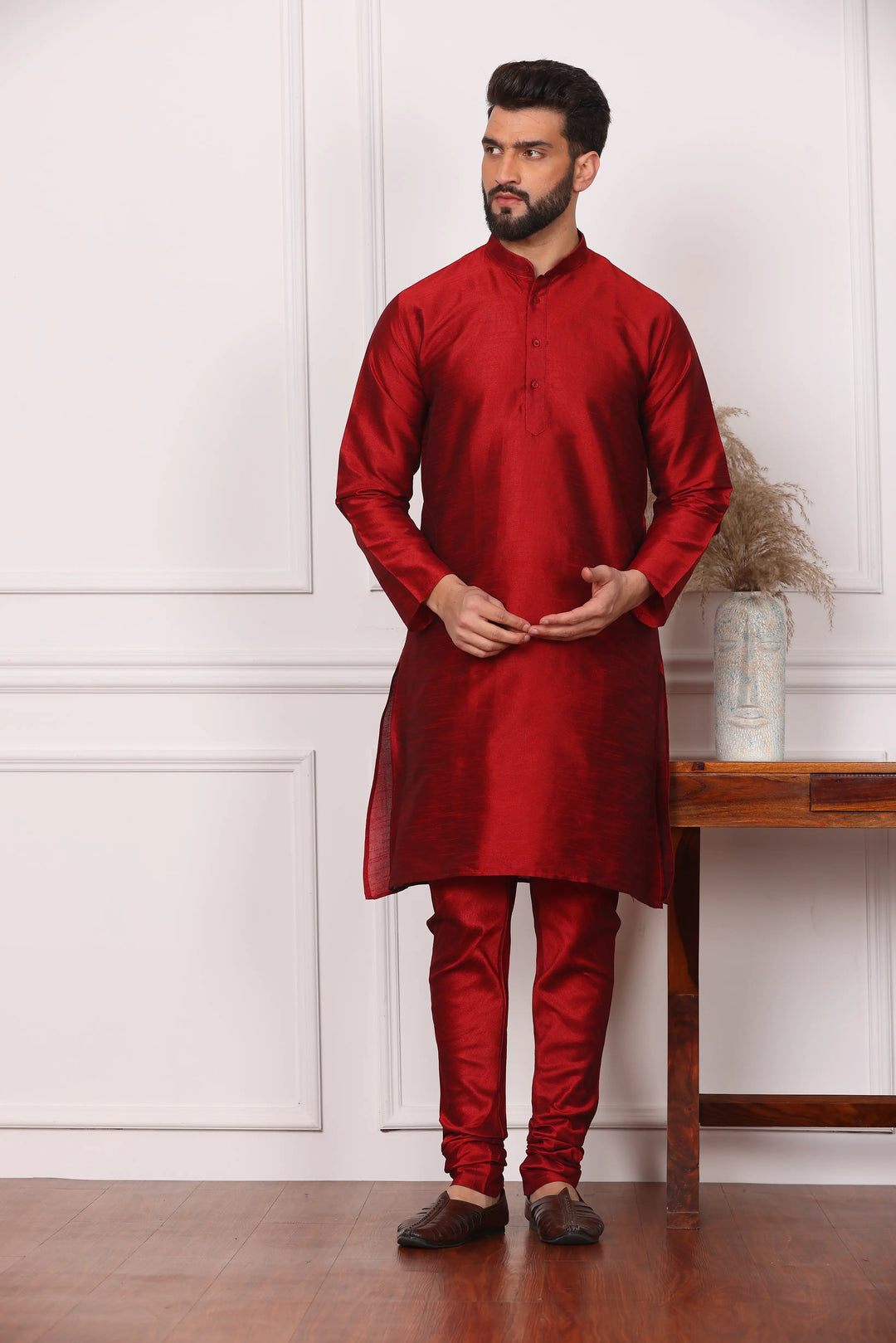 Multi Color Nehru Jacket and Maroon Kurta with Churidar Pajama Set for Men