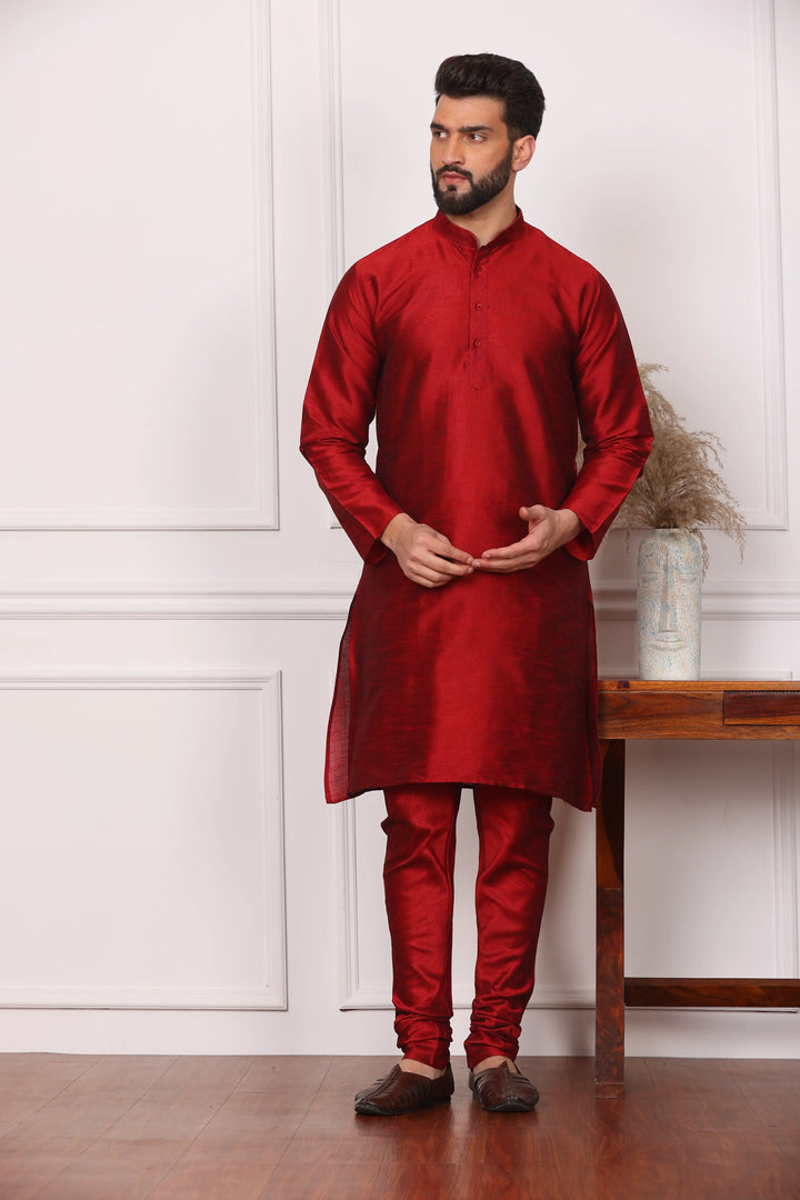 Multi Color Bandi Jacket and Maroon Kurta with Churidar Pajama Set for Men