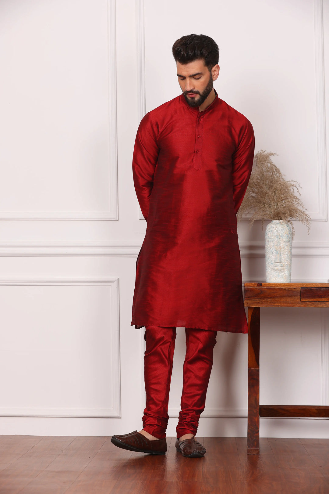 Multi Color Nehru Jacket and Maroon Kurta with Churidar Pajama Set for Men