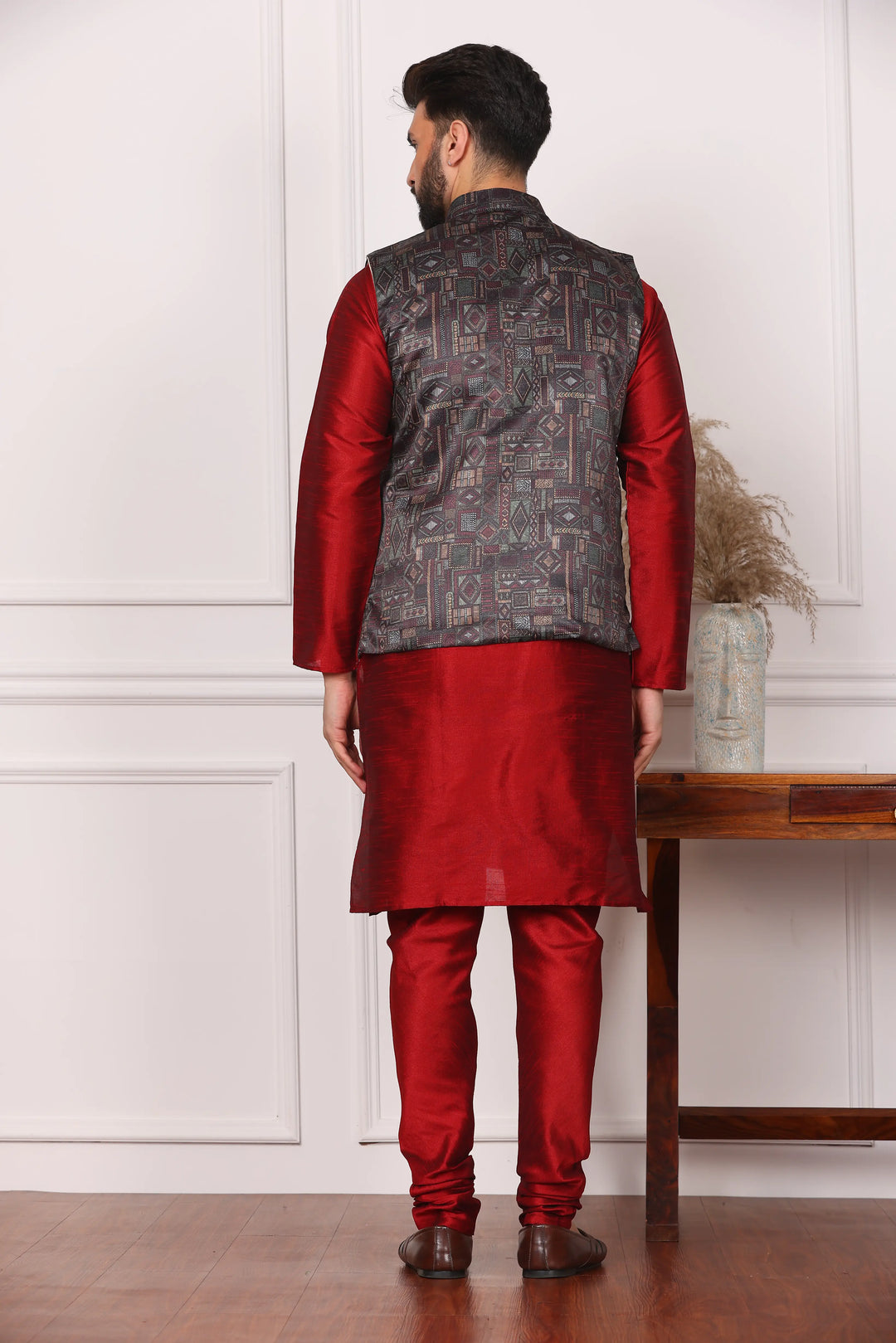 Multi Color Nehru Jacket and Maroon Kurta with Churidar Pajama Set for Men