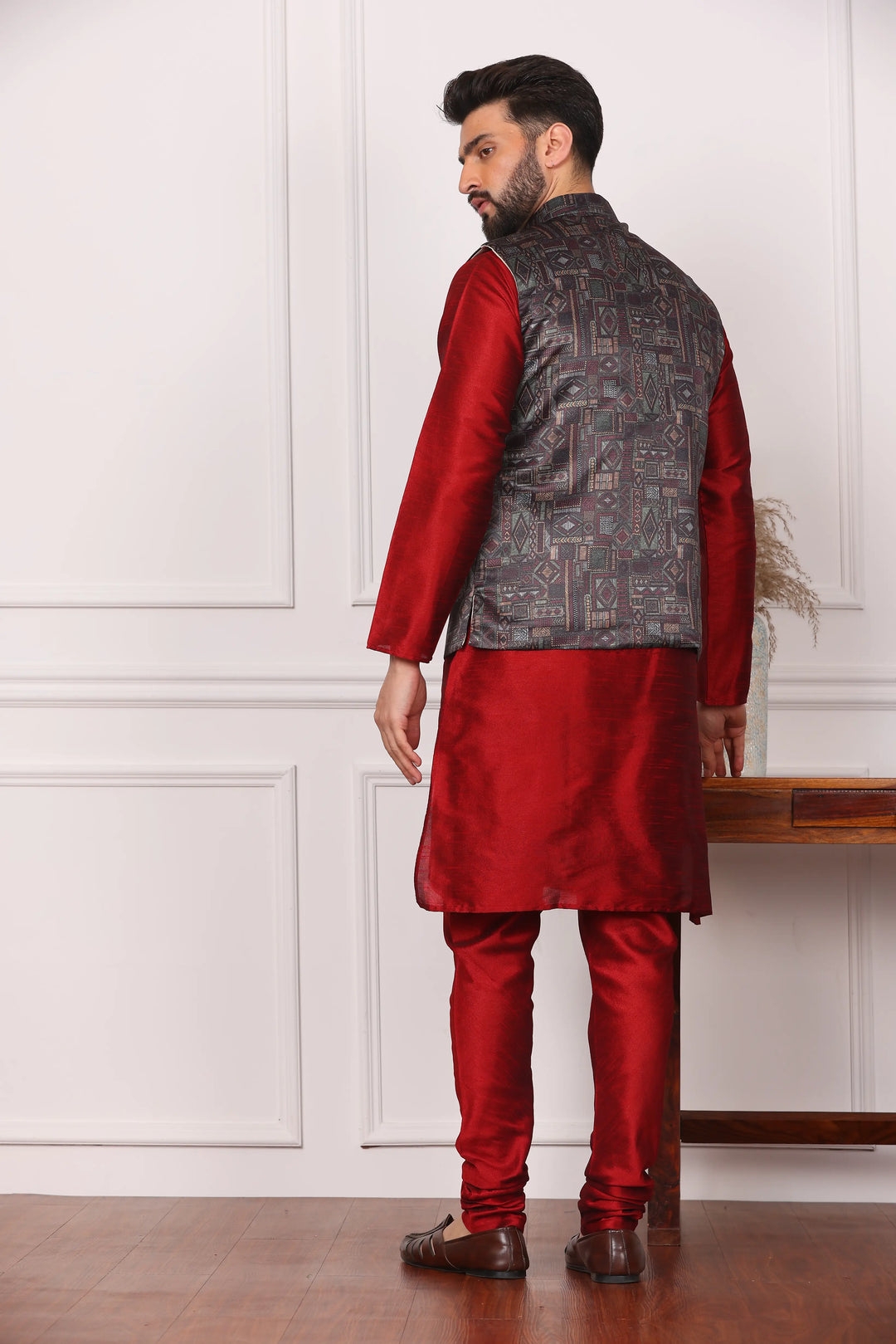 Multi Color Nehru Jacket and Maroon Kurta with Churidar Pajama Set for Men