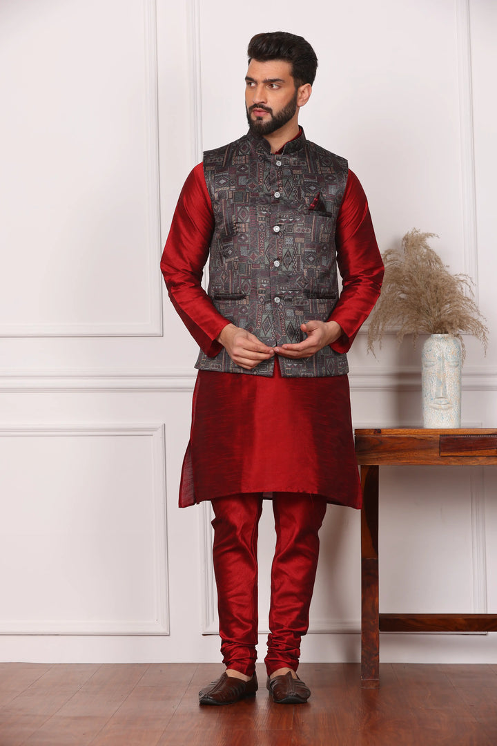 Multi Color Nehru Jacket and Maroon Kurta with Churidar Pajama Set for Men