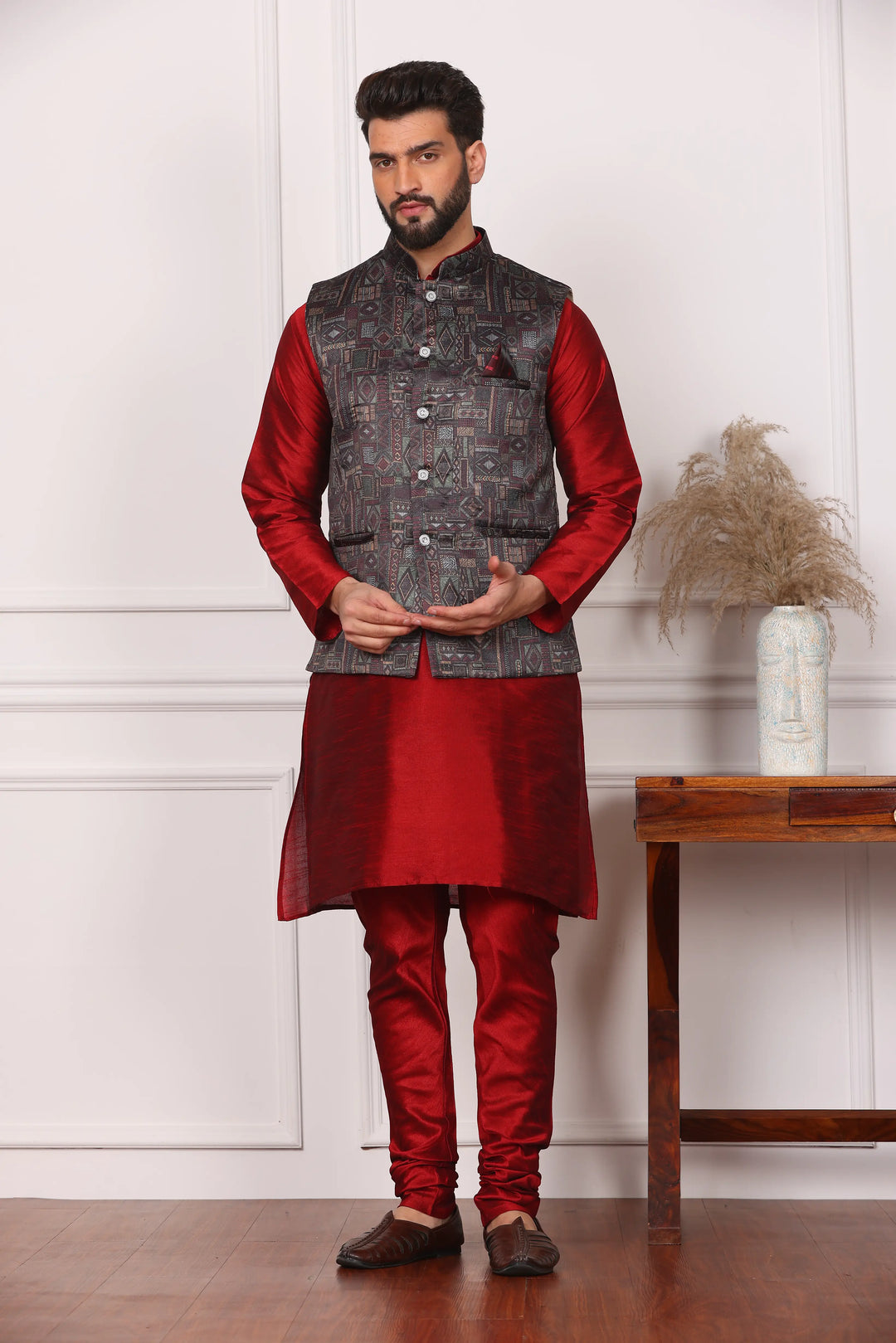 Multi Color Nehru Jacket and Maroon Kurta with Churidar Pajama Set for Men