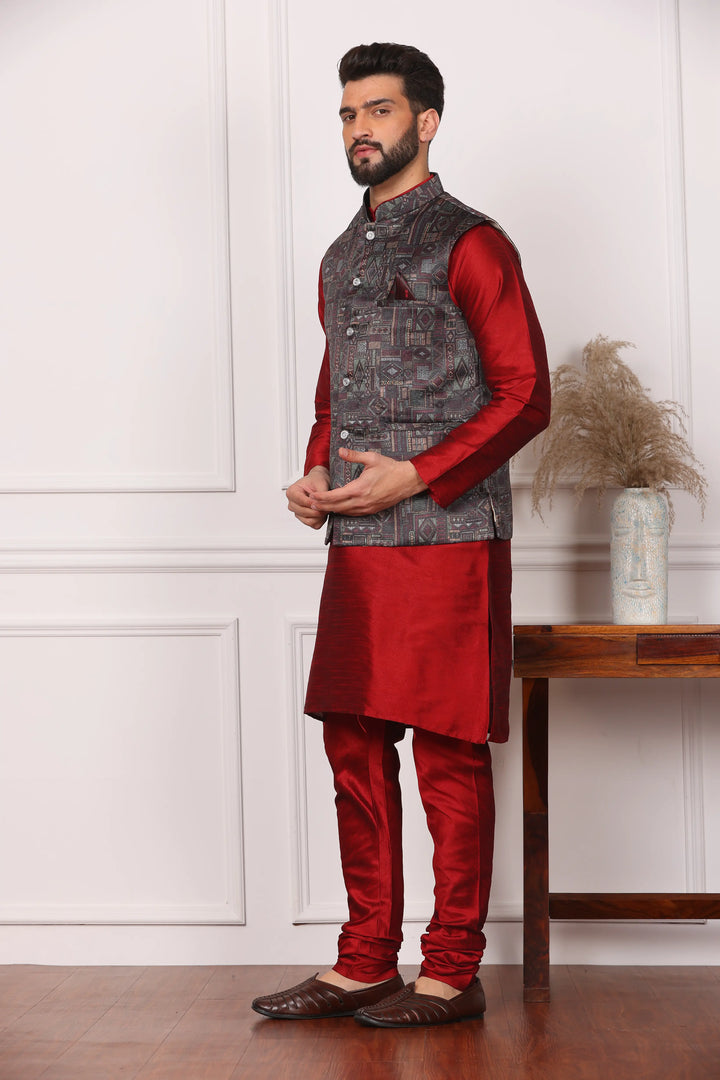 Multi Color Nehru Jacket and Maroon Kurta with Churidar Pajama Set for Men