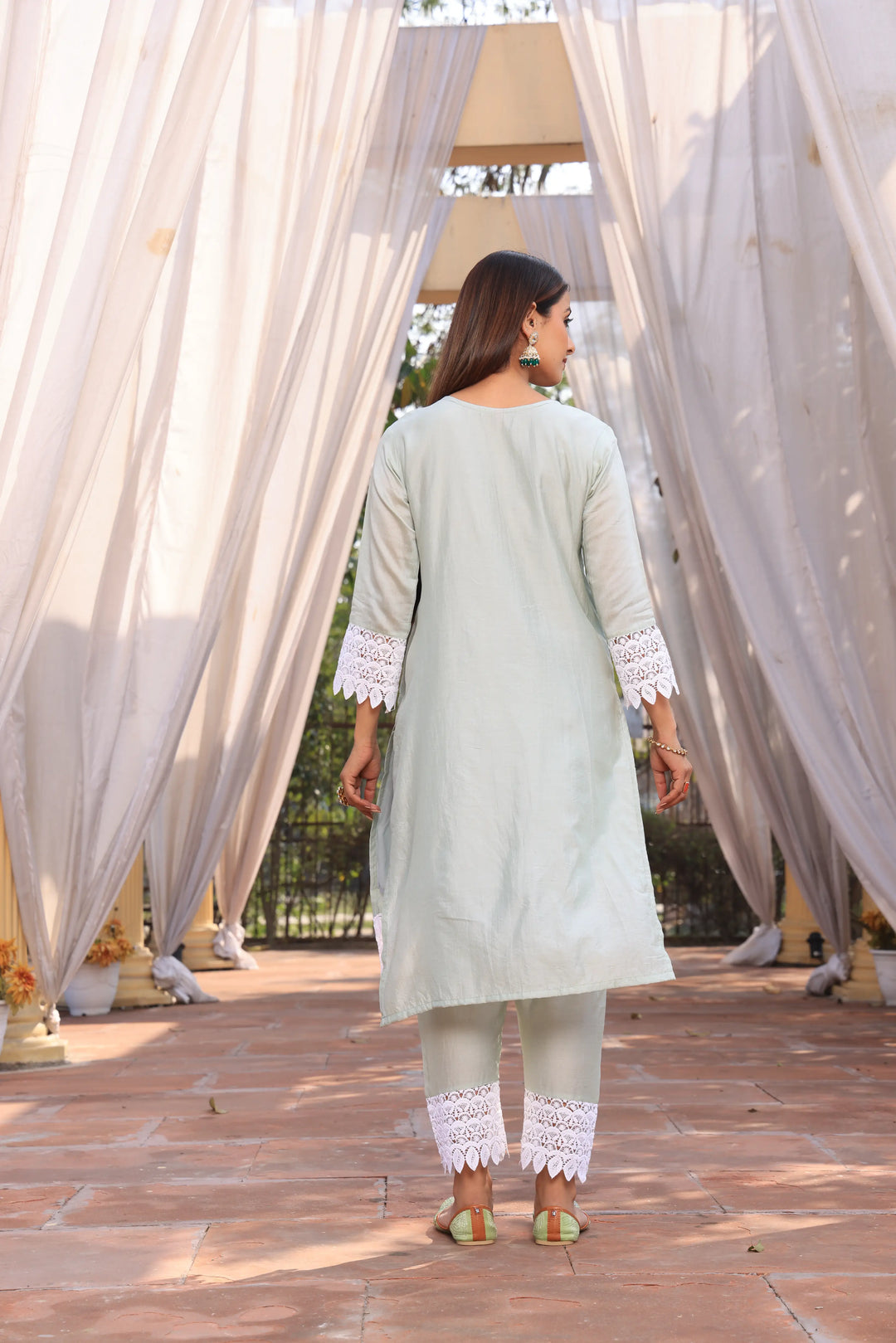 Pista Green Ethnic Motifs Embroidered Straight Pure Cotton Kurta With Pant & Dupatta set