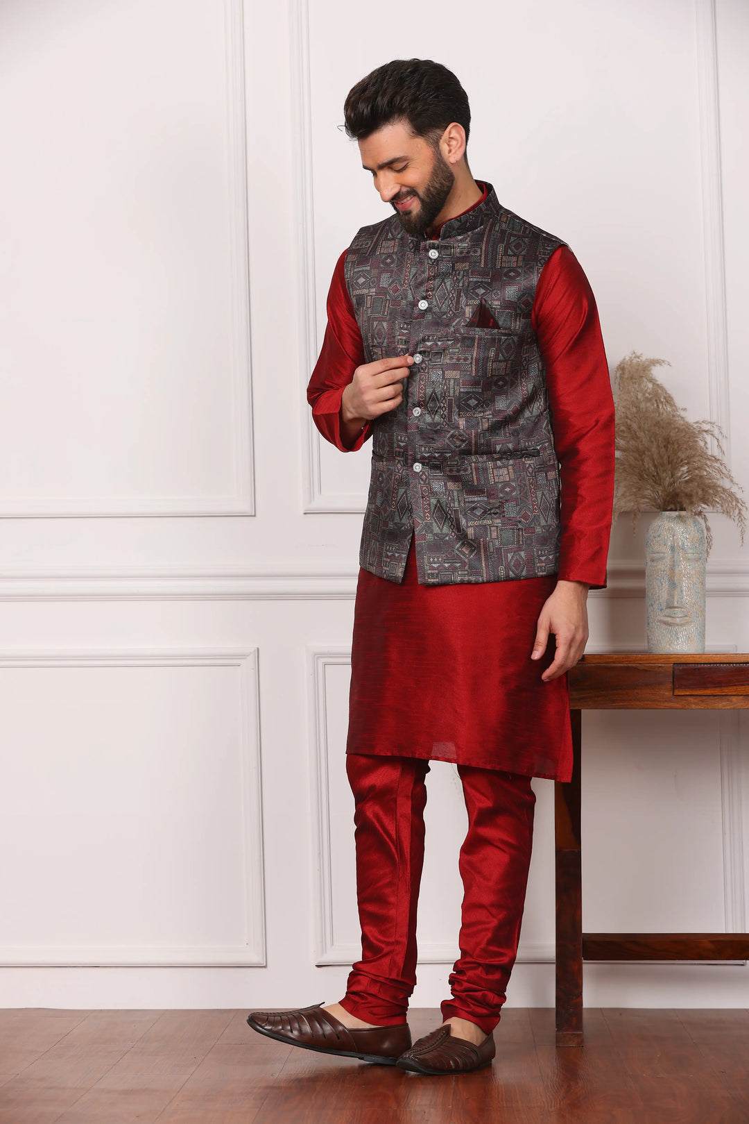 Multi Color Nehru Jacket and Maroon Kurta with Churidar Pajama Set for Men