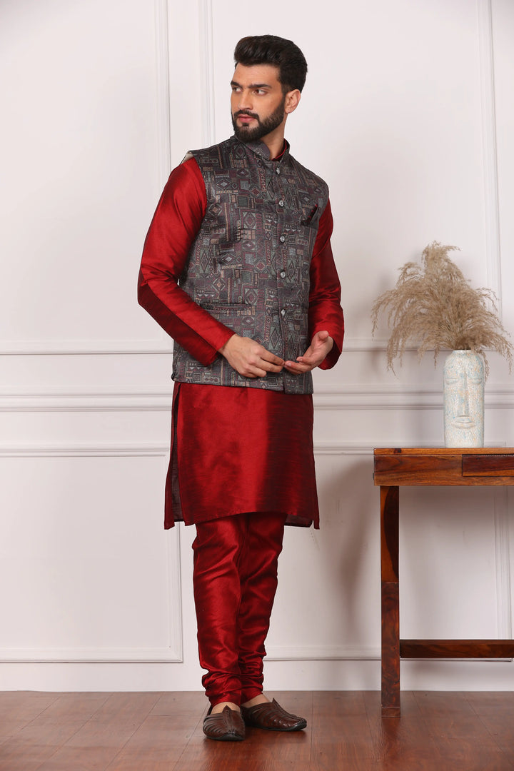 Multi Color Nehru Jacket and Maroon Kurta with Churidar Pajama Set for Men