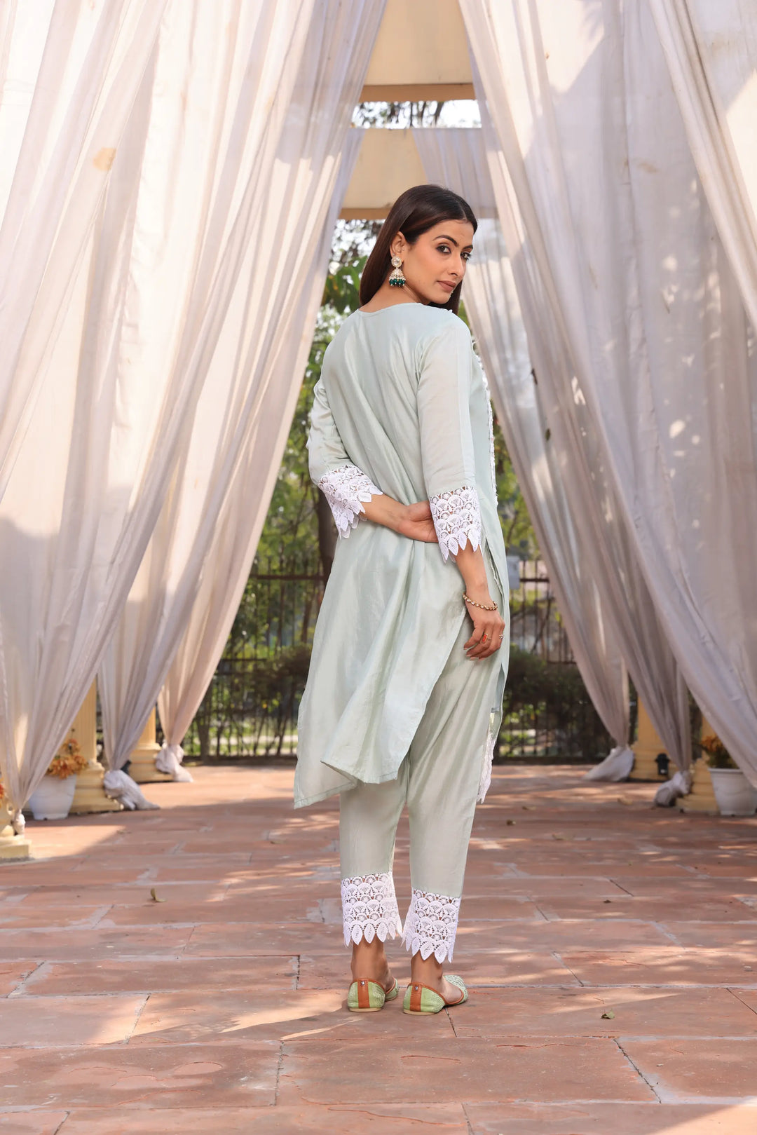 Pista Green Ethnic Motifs Embroidered Straight Pure Cotton Kurta With Pant & Dupatta set