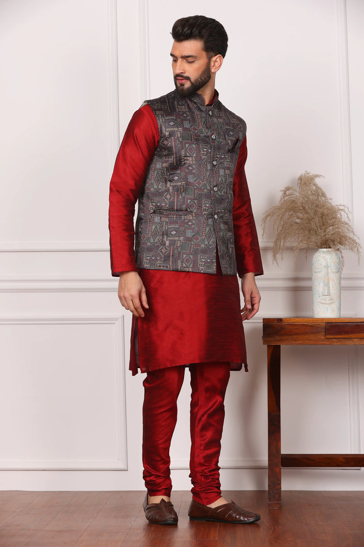 Multi Color Nehru Jacket and Maroon Kurta with Churidar Pajama Set for Men