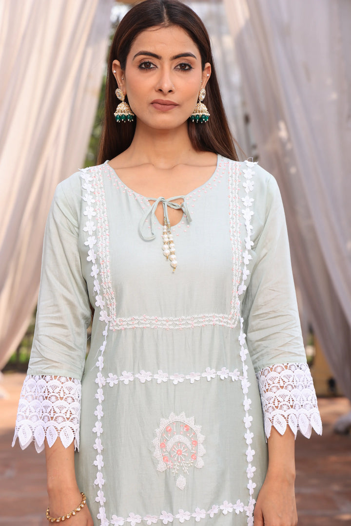 Pista Green Ethnic Motifs Embroidered Straight Pure Cotton Kurta With Pant & Dupatta set