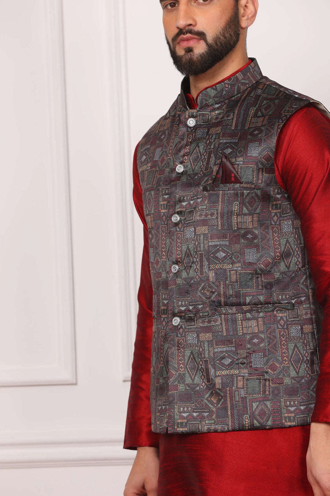 Multi Color Nehru Jacket and Maroon Kurta with Churidar Pajama Set for Men