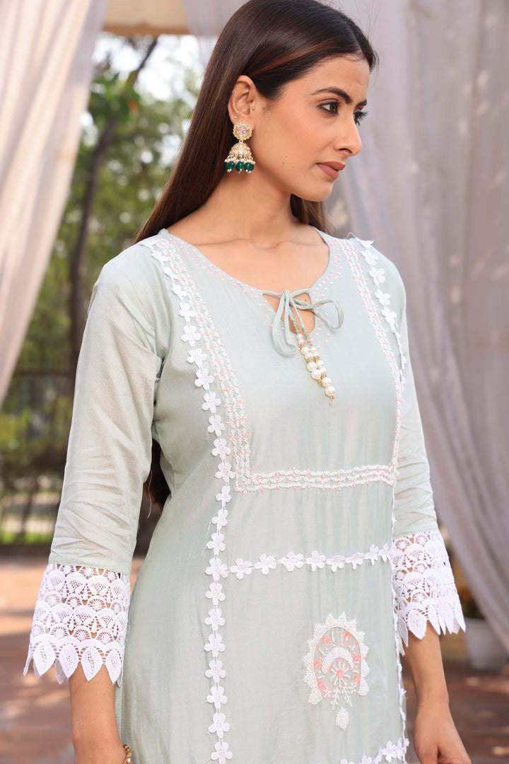 Pista Green Ethnic Motifs Embroidered Straight Pure Cotton Kurta With Pant & Dupatta set