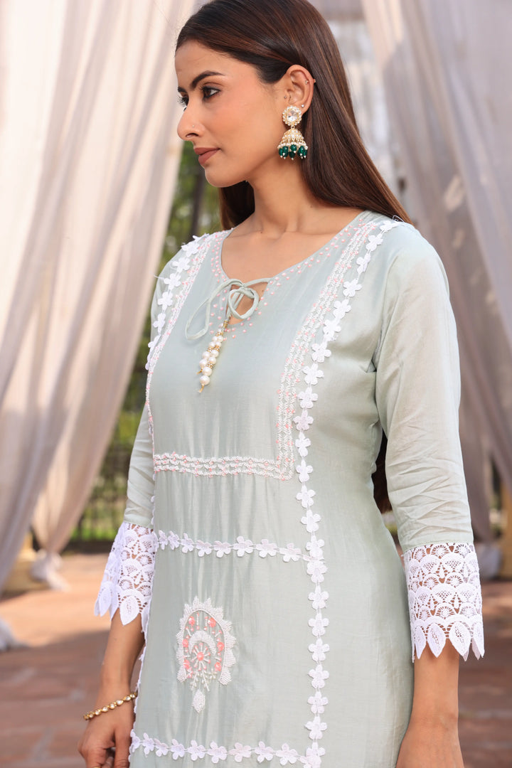 Pista Green Ethnic Motifs Embroidered Straight Pure Cotton Kurta With Pant & Dupatta set