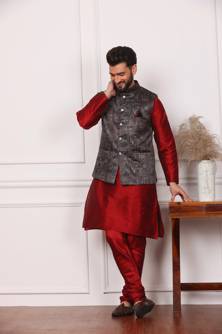 Multi Color Nehru Jacket and Maroon Kurta with Churidar Pajama Set for Men