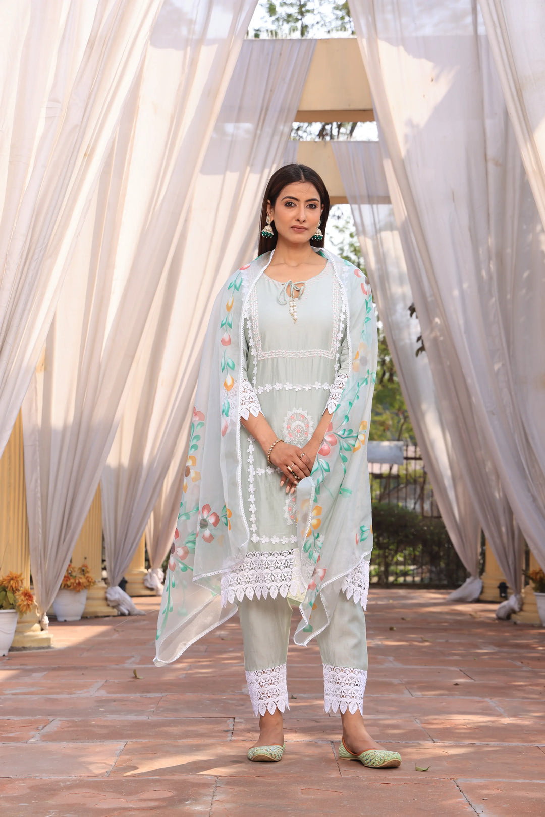 Pista Green Ethnic Motifs Embroidered Straight Pure Cotton Kurta With Pant & Dupatta set