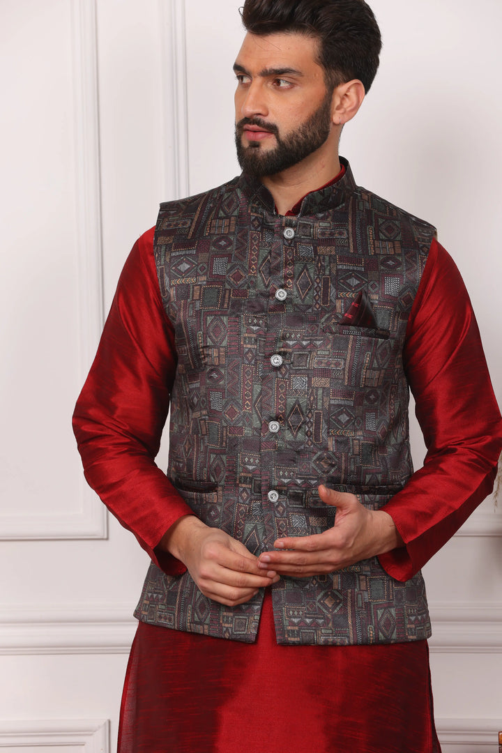 Multi Color Nehru Jacket and Maroon Kurta with Churidar Pajama Set for Men