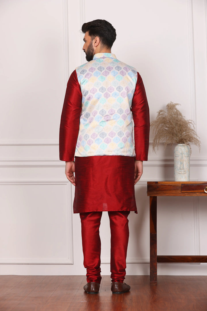 Multi Color Modi Jacket and Maroon Kurta with Churidar Pajama Set for Men