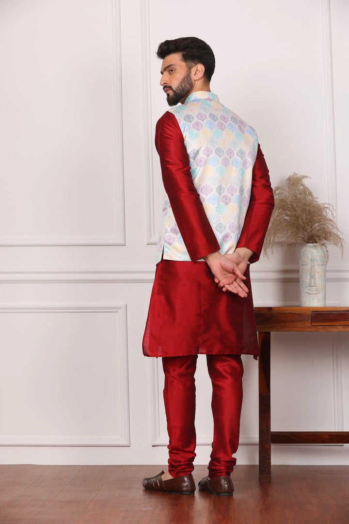 Multi Color Modi Jacket and Maroon Kurta with Churidar Pajama Set for Men