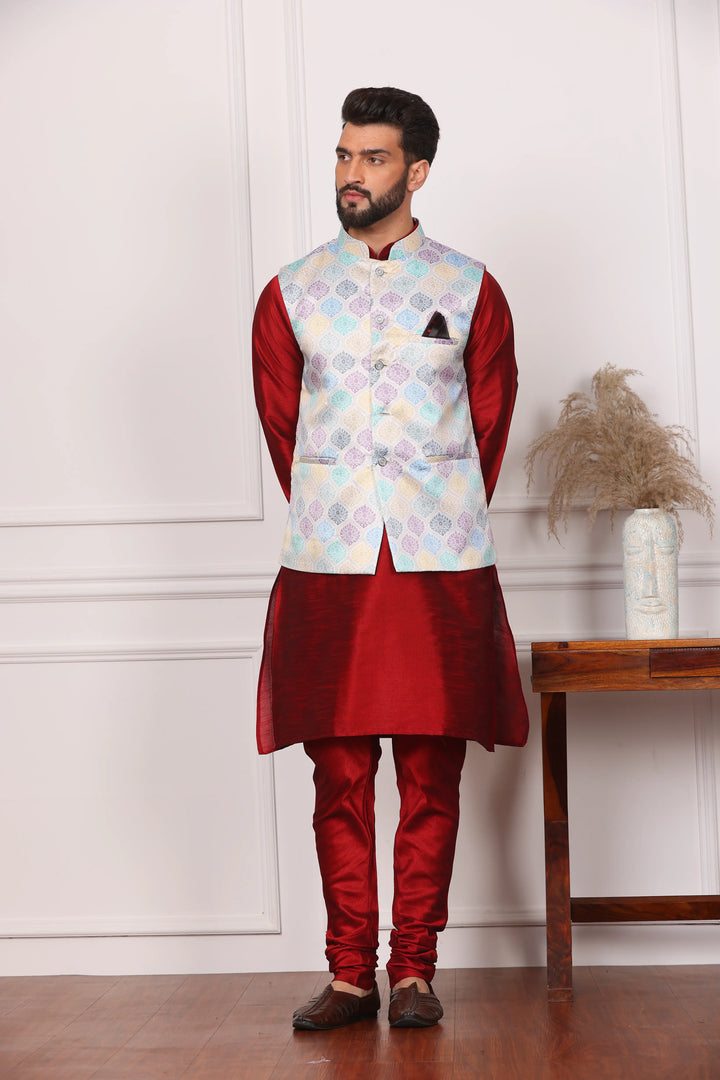 Multi Color Modi Jacket and Maroon Kurta with Churidar Pajama Set for Men