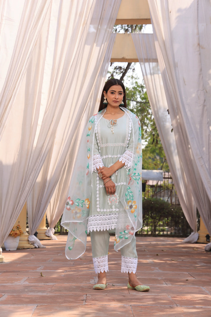 Pista Green Ethnic Motifs Embroidered Straight Pure Cotton Kurta With Pant & Dupatta set