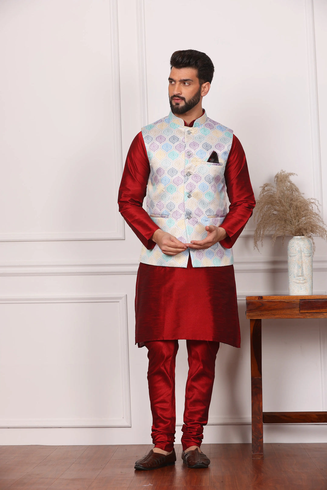 Multi Color Modi Jacket and Maroon Kurta with Churidar Pajama Set for Men