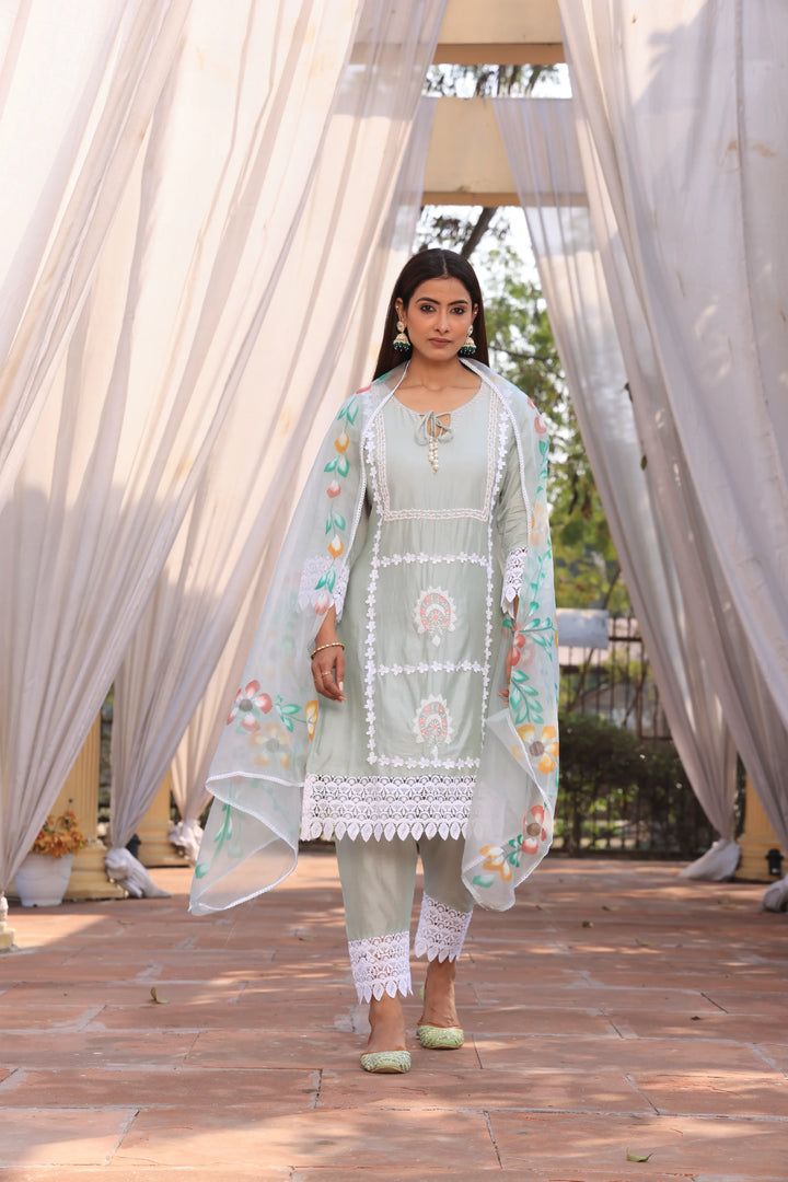 Pista Green Ethnic Motifs Embroidered Straight Pure Cotton Kurta With Pant & Dupatta set