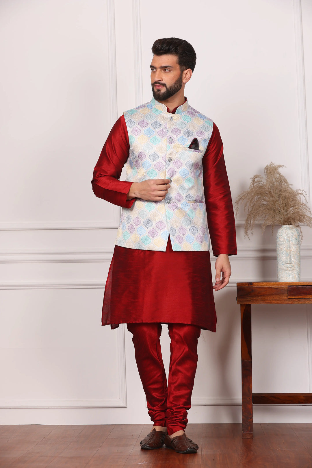 Multi Color Modi Jacket and Maroon Kurta with Churidar Pajama Set for Men