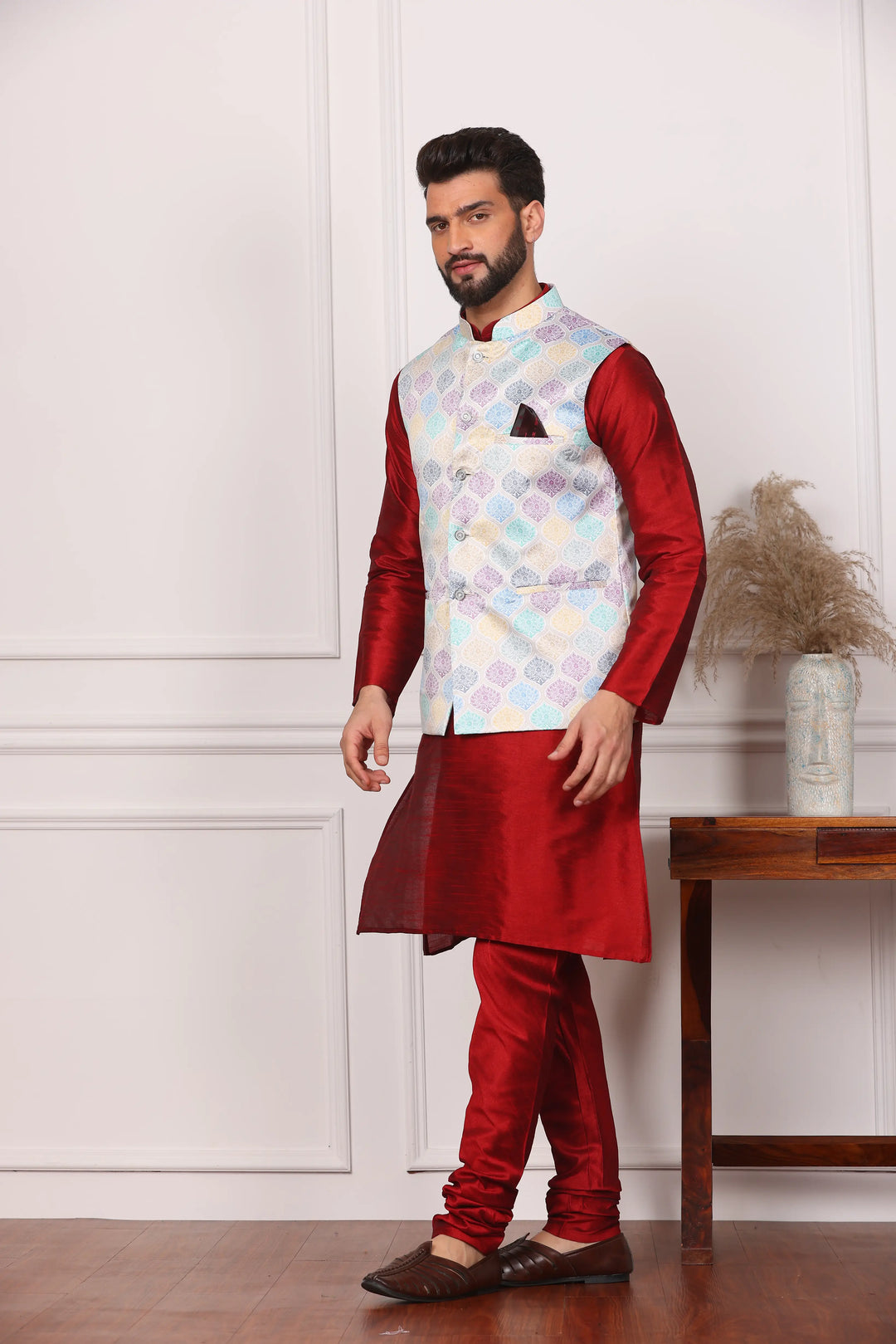 Multi Color Modi Jacket and Maroon Kurta with Churidar Pajama Set for Men