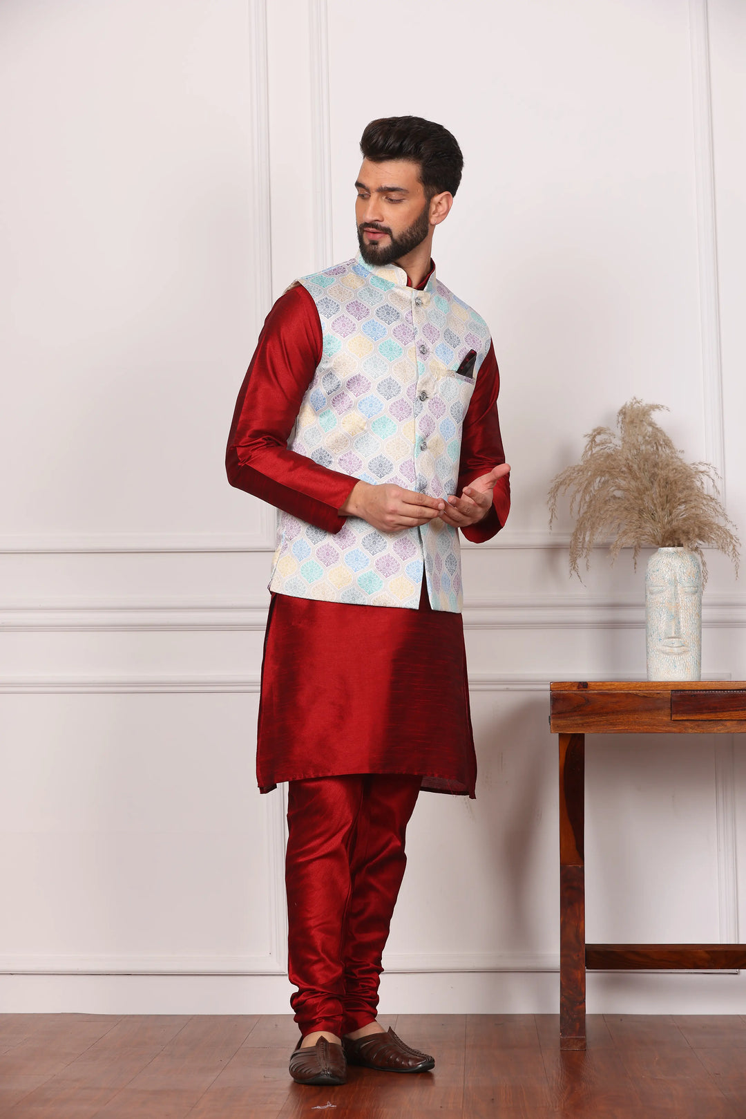 Multi Color Modi Jacket and Maroon Kurta with Churidar Pajama Set for Men