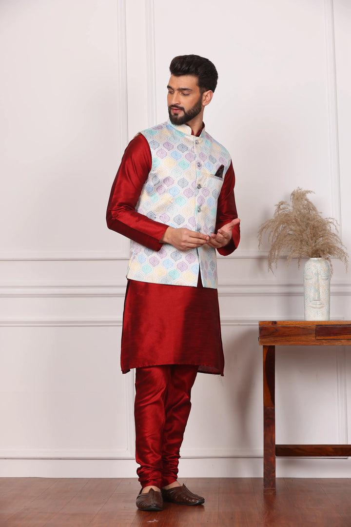 Multi Color Modi Jacket and Maroon Kurta with Churidar Pajama Set for Men