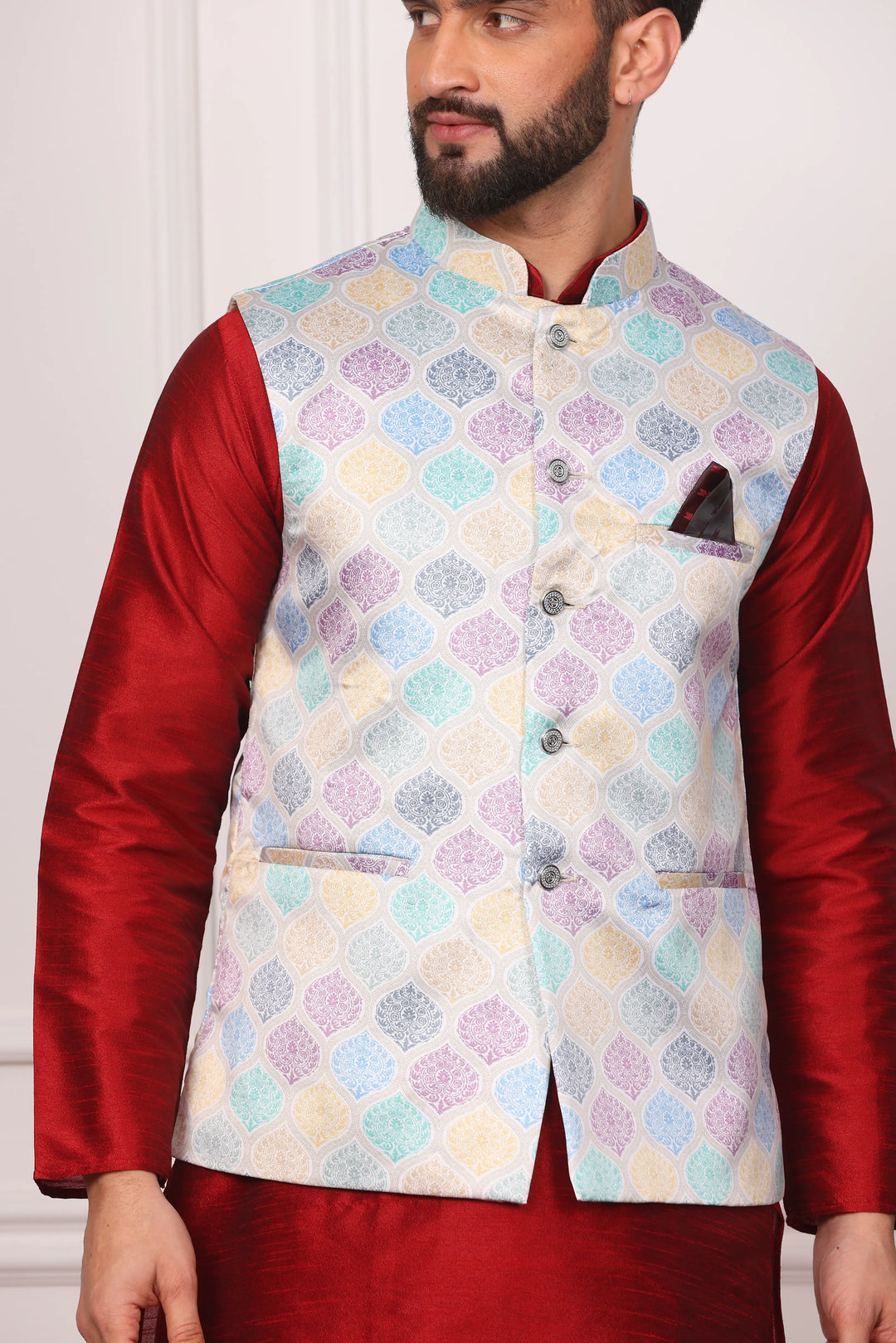 Multi Color Modi Jacket and Maroon Kurta with Churidar Pajama Set for Men