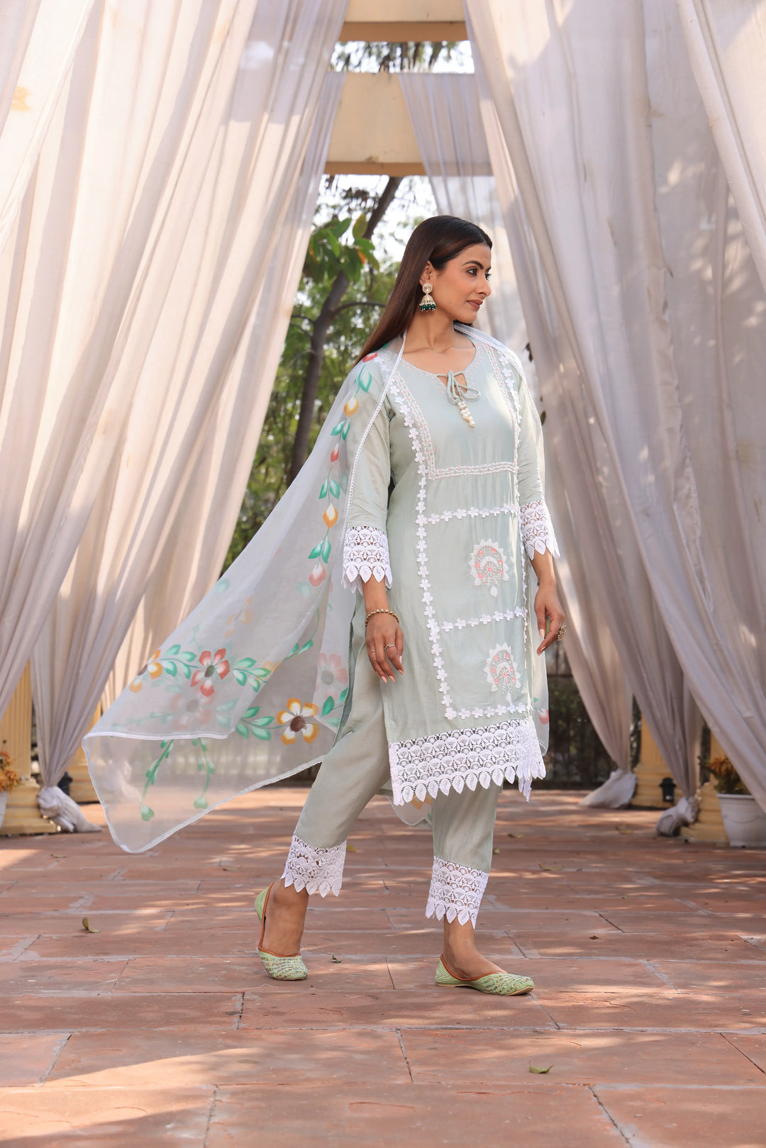 Pista Green Ethnic Motifs Embroidered Straight Pure Cotton Kurta With Pant & Dupatta set