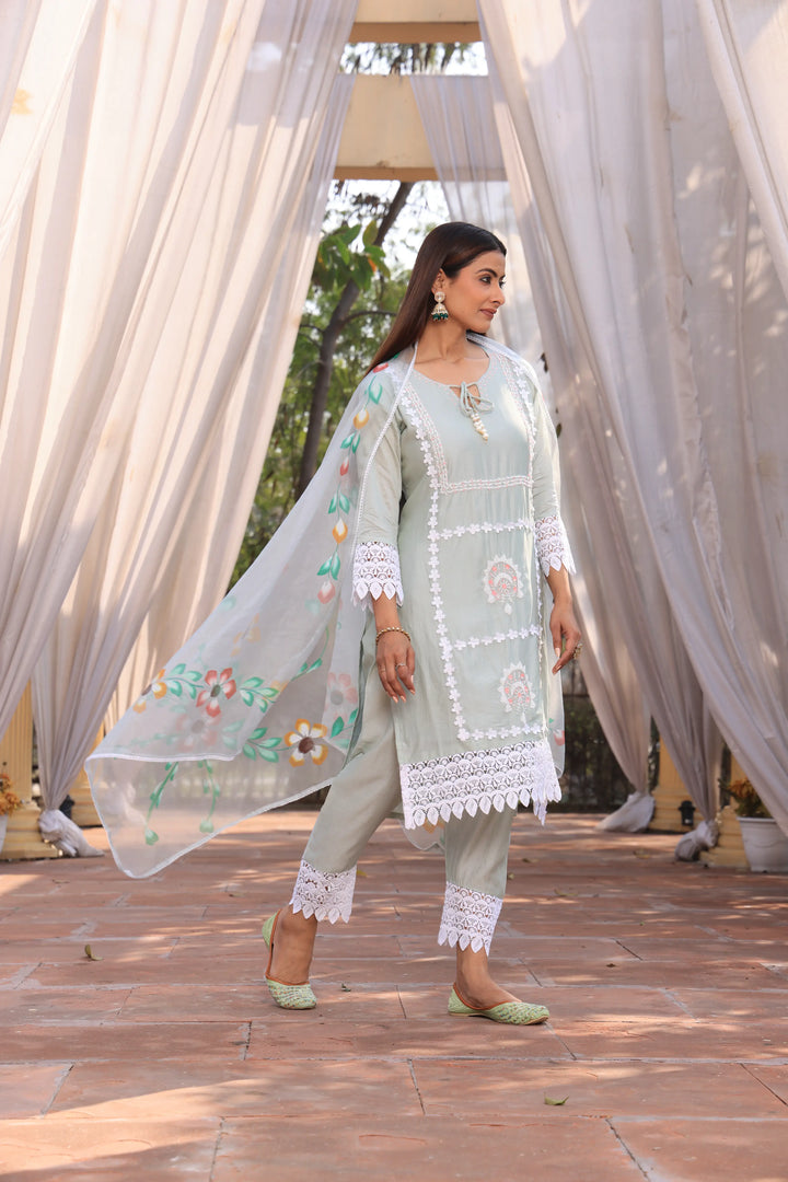 Pista Green Ethnic Motifs Embroidered Straight Pure Cotton Kurta With Pant & Dupatta set