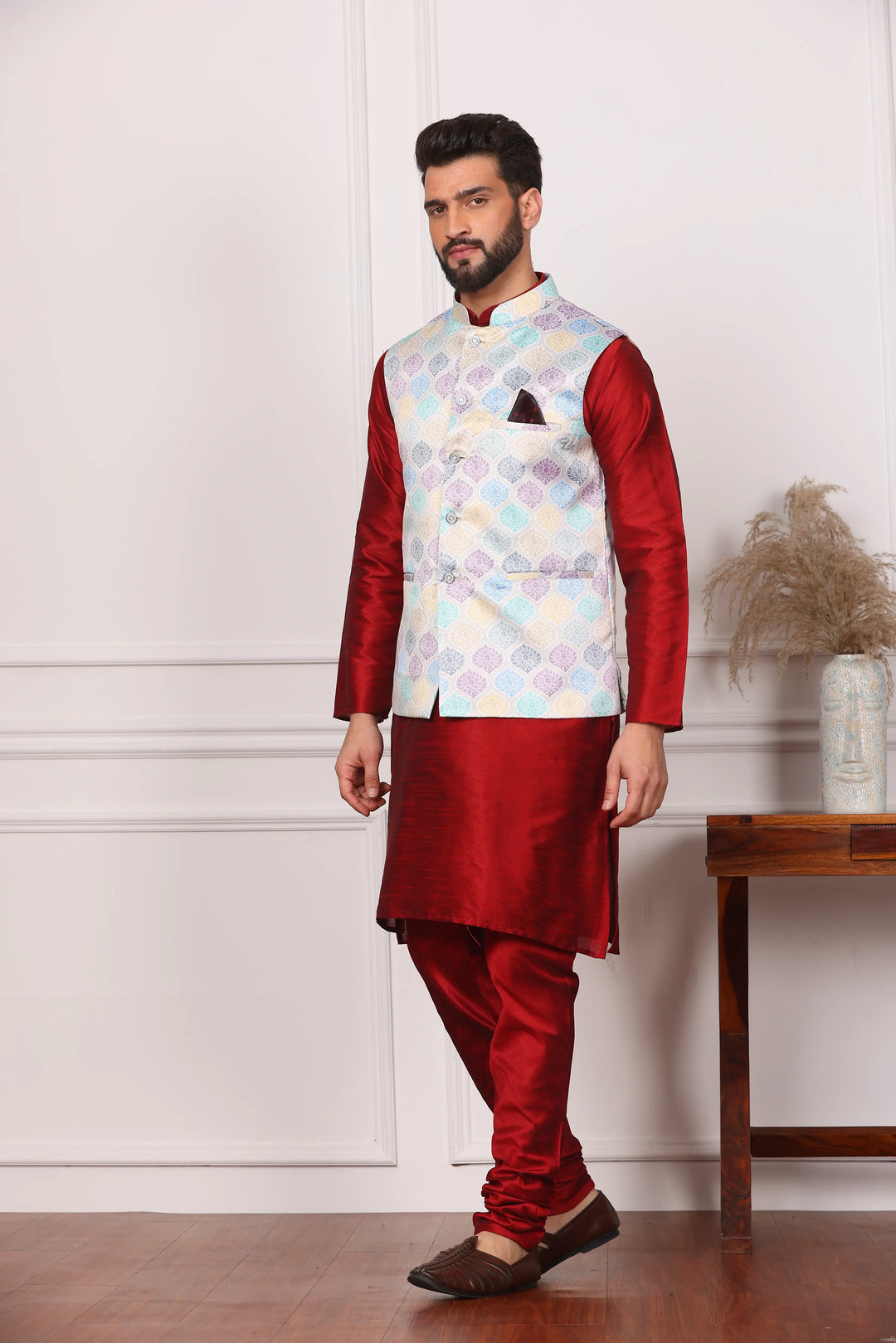 Multi Color Modi Jacket and Maroon Kurta with Churidar Pajama Set for Men