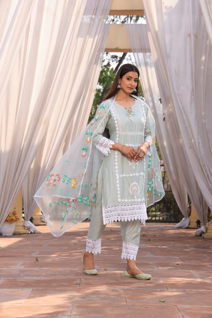 Pista Green Ethnic Motifs Embroidered Straight Pure Cotton Kurta With Pant & Dupatta set