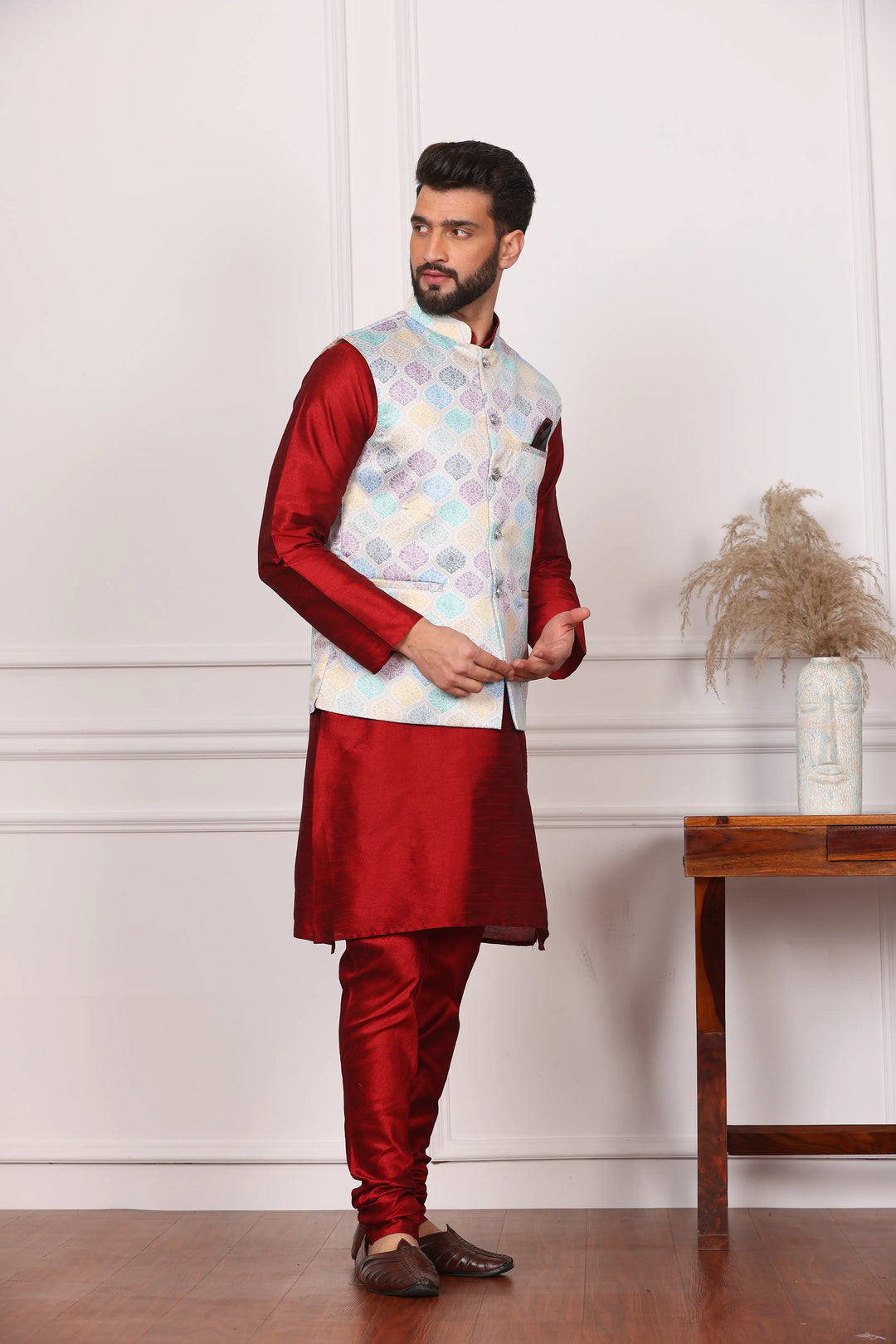 Multi Color Modi Jacket and Maroon Kurta with Churidar Pajama Set for Men