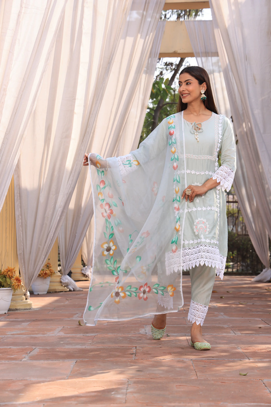 Pista Green Ethnic Motifs Embroidered Straight Pure Cotton Kurta With Pant & Dupatta set