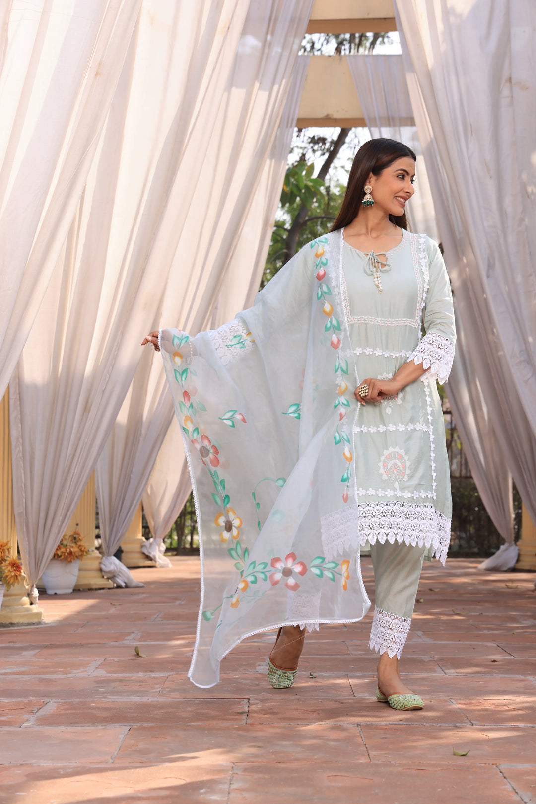 Pista Green Ethnic Motifs Embroidered Straight Pure Cotton Kurta With Pant & Dupatta set