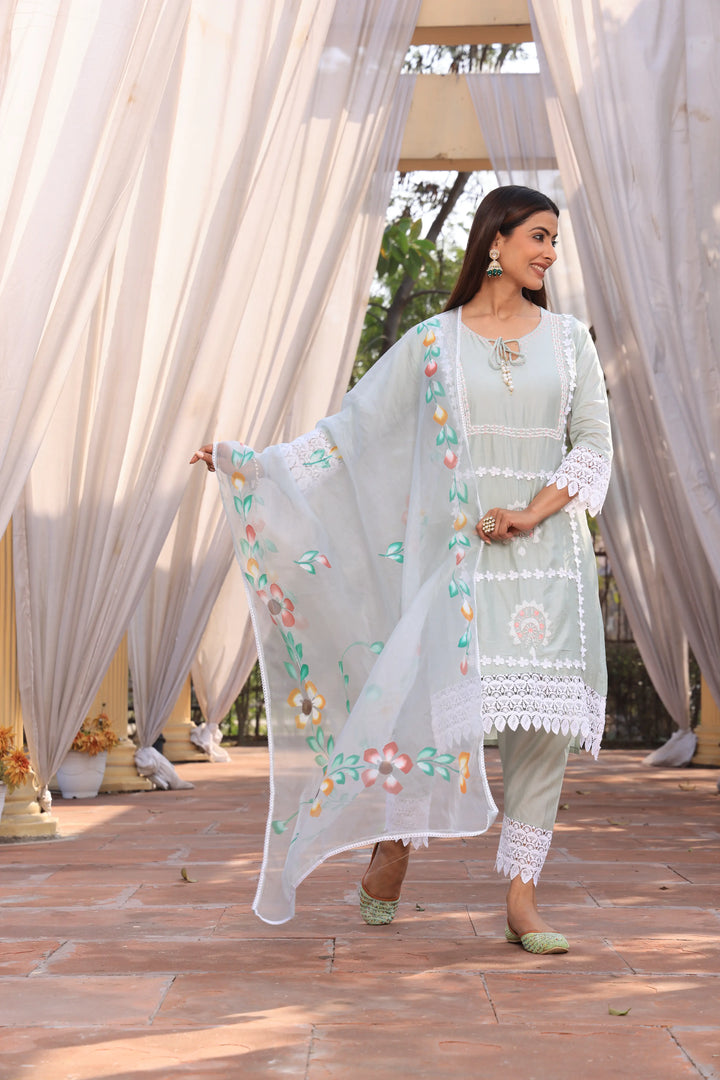 Pista Green Ethnic Motifs Embroidered Straight Pure Cotton Kurta With Pant & Dupatta set